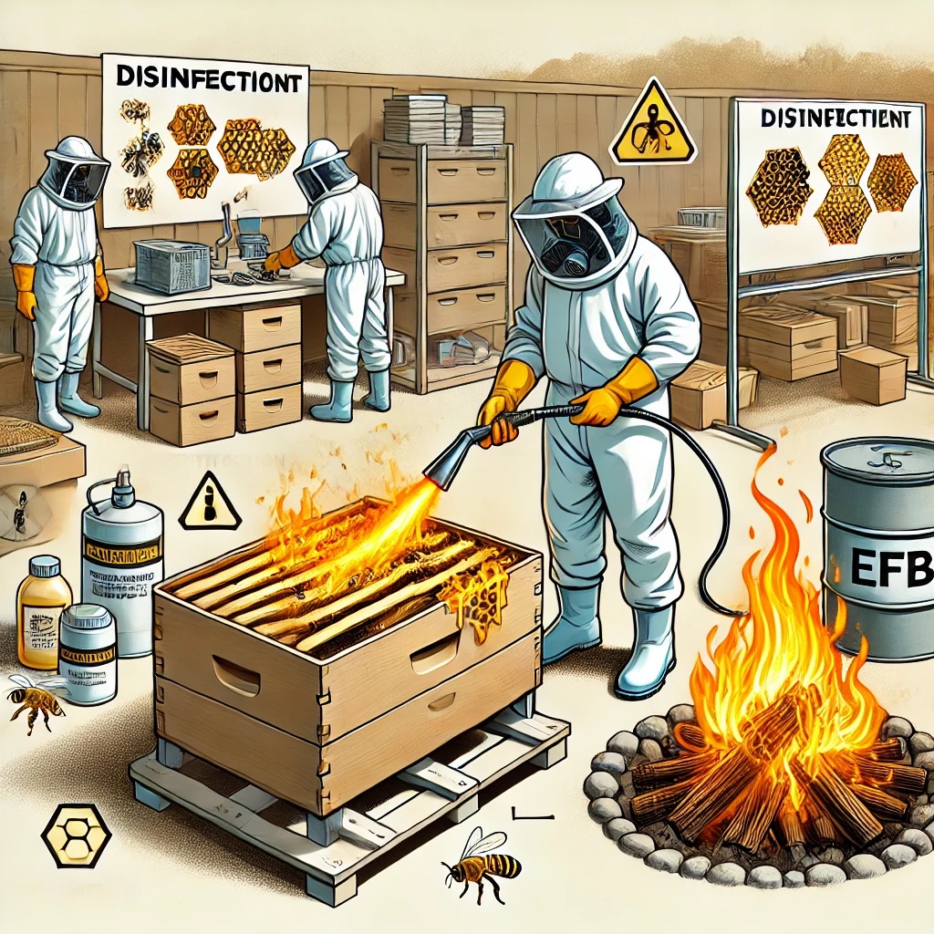 Desinfectar o incinerar el equipo apícola y los materiales de colmena contaminados de las colonias sintomáticas con Loque Europea.